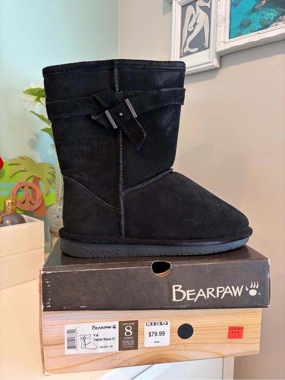 BearPaw Black Suede Mid-Calf Cozy Boot